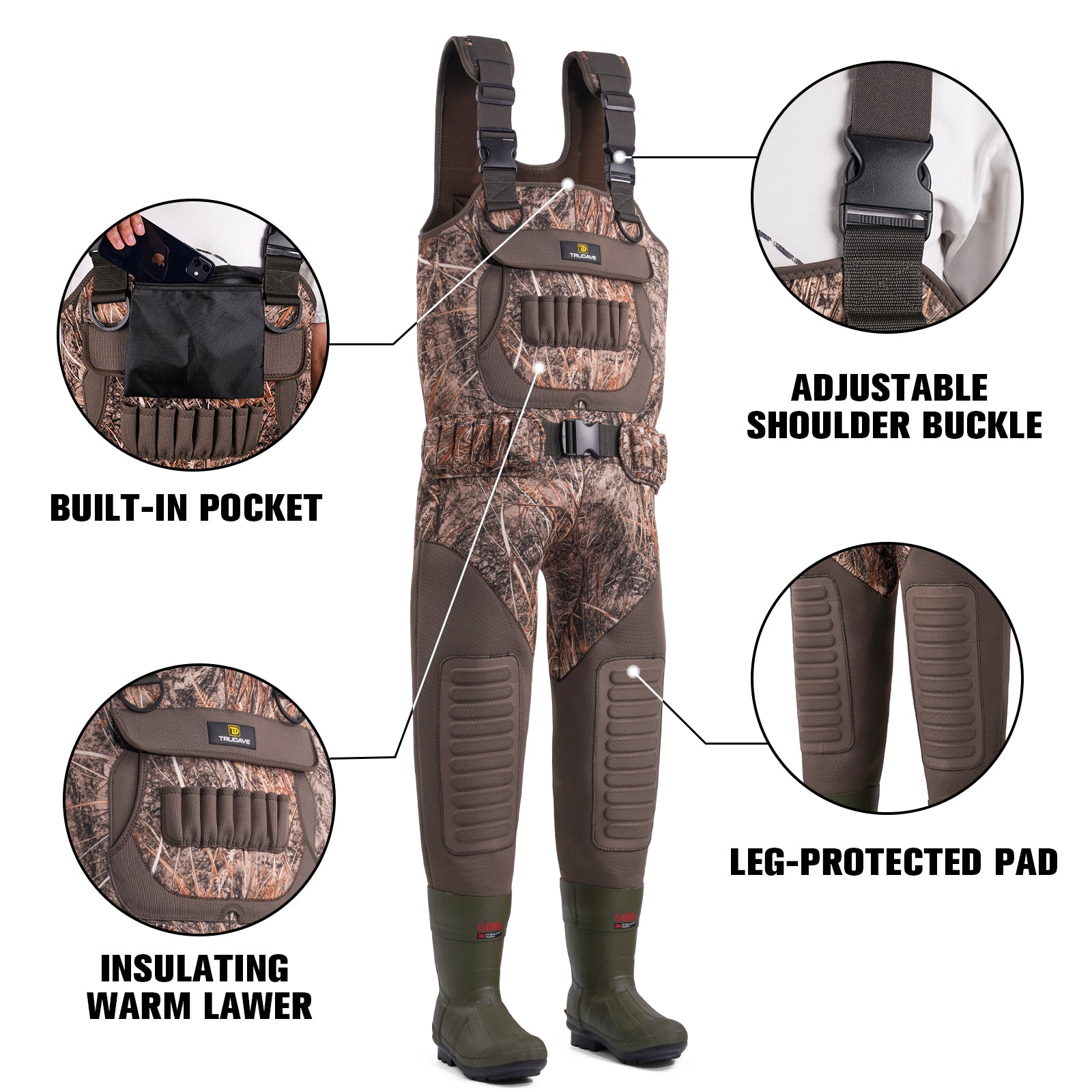 Front view of Trudave MarshTrail Series women’s waterproof insulated waders featuring built-in pocket, warm insulating layer, adjustable shoulder buckle, and leg-protection pad for enhanced comfort and durability.